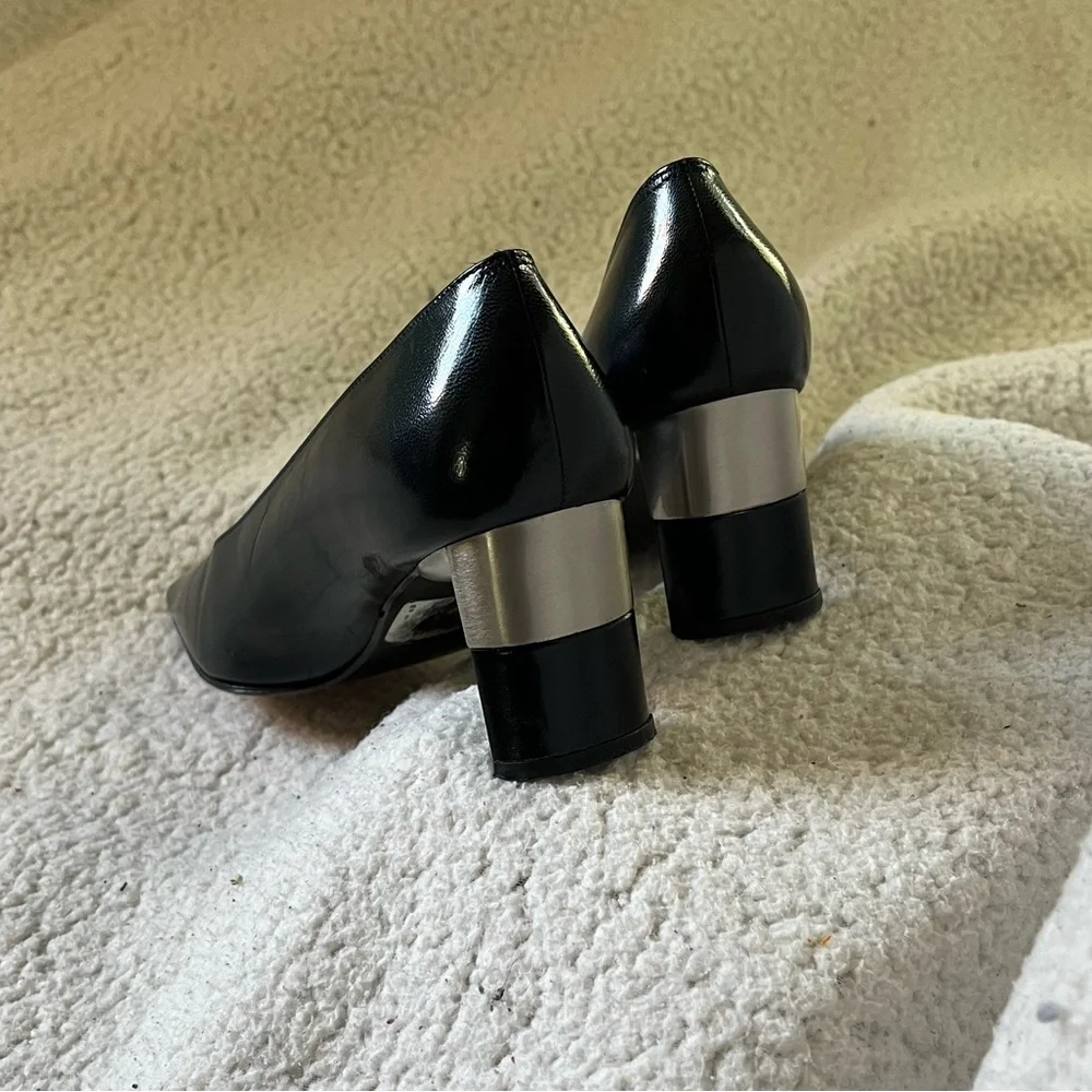 Stuart Weitzman Navy Heels with Bronze Block Accent - Picture 3 of 15